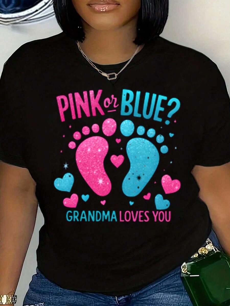 Pink Or Blue Grandma Loves You Print Round Neck Women's T-Shirt For Baby Gender Reveal Gift 220g Cotton T-Shirt - màu đen - Xem 1
