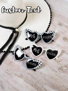 Personalized Heart-Shaped Pearl Fashion Glasses, Two Custom Pairs Of Black And White Pearl Heart-Shaped Fashion Glasses, Personalized Bridal And Groom Fashion Glasses, Bridesmaid And Groomsmen Fashion Glasses, Wedding Decoration Glasses, Novelty Women'S Heart-Shaped Fashion Glasses For Parties, Vintage Heart-Shaped Fashion Glasses - Multicolor - View 5