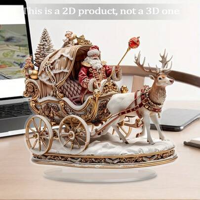 Boho Style Acrylic Santa Claus Sleigh Figurine With Reindeer, Christmas Theme Decorative Sign & Plaque, Multipurpose Tabletop Ornament For Home, Office, And Holiday Gifts, Includes Base - 1PC
