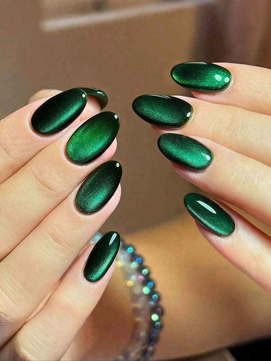 Bộ 24 miếng dán móng tay ngắn hình oval bóng bẩy phong cách Y2K, chất liệu acrylic mắt mèo pha lê xanh lá cây, thiết kế hình hạnh nhân, vừa vặn hoàn hảo, giúp đầu ngón tay bạn tỏa sáng rạng rỡ, phù hợp cho phụ nữ sử dụng hàng ngày khi đi làm và dự tiệc. - màu xanh lá - Xem 1