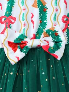 Girls' Long Sleeve Digital Print Dress With Bow & Mesh Patchwork, & Cute Dress For Christmas Party - أخضر - مشاهدة 6