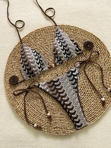 Bộ bikini buộc cổ thanh lịch, thoải mái dành cho nữ, màu nâu, họa tiết sóng biển với chi tiết đính cườm và thiết kế buộc dây phía sau. - Nhiều màu - Xem 3