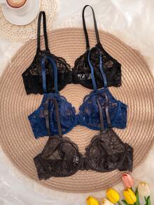 3pcs Women's Solid Color Lace Thin Cup Underwire Comfortable Bras - Multicolor - View 4