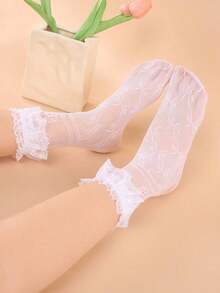 1 Pair Women's Lace Mid-Calf Socks With Big Lace Trim, Elastic Hollow Mesh Stockings, Style Kawaii Lace Socks - 白色 - 查看 7
