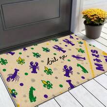 Mardi Gras Themed Doormat, Beige Burlap Texture With Purple Crawfish, Green Fleur-De-Lis, Black Handwritten 'Boula' Text, Yellow Purple Stripe, Perfect For Porch Entrance Decor - Nhiều màu - Xem 1