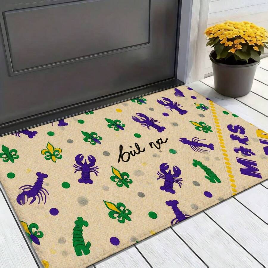Mardi Gras Themed Doormat, Beige Burlap Texture With Purple Crawfish, Green Fleur-De-Lis, Black Handwritten 'Boula' Text, Yellow Purple Stripe, Perfect For Porch Entrance Decor - Nhiều màu - Xem 1