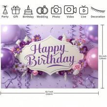 1pc Purple Balloon Happy Birthday Backdrop, Featuring Purple Balloons And Floral Design, Suitable For Birthday, Anniversary, Women's Portrait, Cake Table Decor, Home, Room And Event Photography Props, Available In Multiple Colors, Suitable For All Seasons, Can Be Used For Room Decor, Creating Holiday Atmosphere And Birthday Party Decoration. - Multicolor - View 5