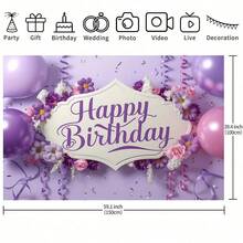 1pc Purple Balloon Happy Birthday Backdrop, Featuring Purple Balloons And Floral Design, Suitable For Birthday, Anniversary, Women's Portrait, Cake Table Decor, Home, Room And Event Photography Props, Available In Multiple Colors, Suitable For All Seasons, Can Be Used For Room Decor, Creating Holiday Atmosphere And Birthday Party Decoration. - Multicolor - View 6