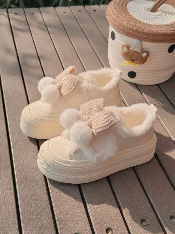 Damen Studenten süße Schleife Fleece-gefütterte weiße Schuhe, 2025 Herbst/Winter neue vielseitige Flache Schuhe, warme Lässig Sneaker