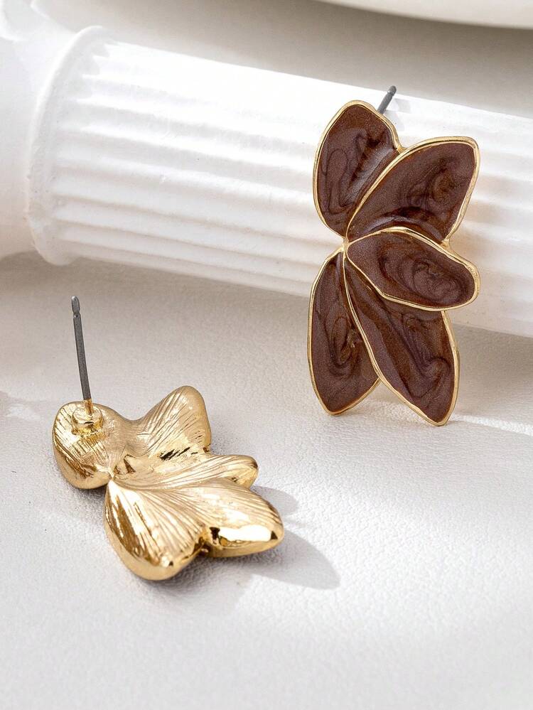 1 par de pendientes de botón con flor de esmalte de aleación de moda y sencillos - Marrón Chocolate - Ver 5