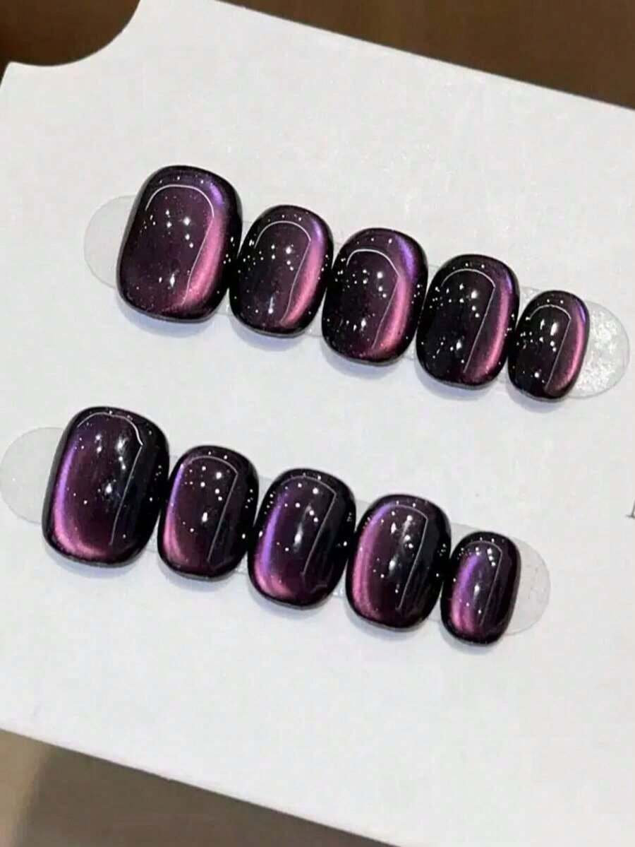 10pcs Handmade Press On Nails Short Oval Nails Purple Nails Y2k Simple Gentle Style Eye Solid Color Fine Shimmer Women And Girls Fall Winter Festivals Party Daily Life Use - 深綠色 - 查看 1