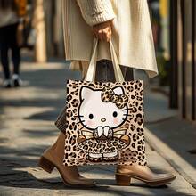 Leopard Print Tote Bag | Polyester, Large Capacity, Cute Cartoon Design With Bow & Leopard Print Dress, Perfect For Daily Use Or Travel, Casual Style, Hand Wash Only, Sturdy Handle Bag - Multicolor - View 3