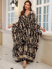 Elegant Women's Arabic Tie-Dye Print V-Neck Batwing Sleeve Long Slit Robe Vacation Spring - Multicolor - View 8