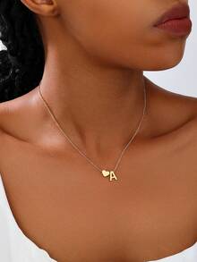 1pc Fashionable Minimalist Metal Heart & Letter Pendant Necklace, Suitable For Women's Daily Wear - Yellow Gold - View 1