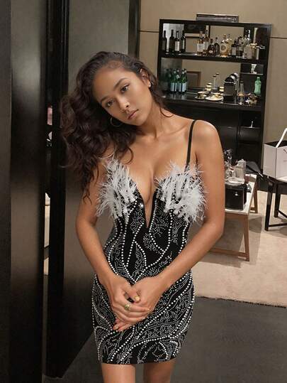 Sexy Deep V Glitter Rhinestones & Faux Ostrich Feathers Embellished Translucent Slip Dress, Elaborate Evening Gown For Party