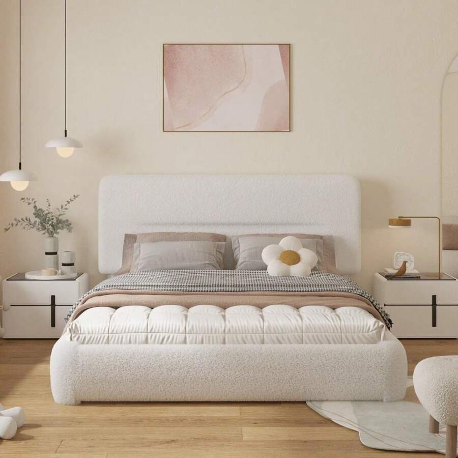 Queen Size Cloud Bed Frame, Boucle Bed With Adjustable Headboard, Soft Rounded Corner Guards, Silent Design, Easy To Assemble, BEIGE - 白色 - 查看 1