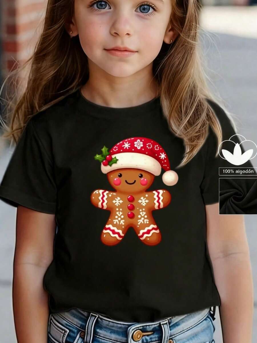 Esta nueva y moderna camiseta de manga corta 100 % algodón para niña luce un estampado navideño. Esta camiseta holgada, informal y versátil está confeccionada con un tejido suave y agradable para la piel de tu bebé. Ya sea para una reunión familiar, un evento escolar o una salida para jugar al aire libre, esta camiseta permite que tu hija se mueva con libertad y comodidad. - Negro - Ver 1