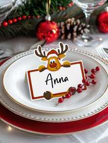 10/20/50 Stücke Weihnachts-Elch Platzkarten mit Namensanpassung - Niedlicher Rentier mit Weihnachtsmann-Mütze & Namensschild Design, rote & weiße Party Tischdekoration für Weihnachten, Hochzeiten, Bridal-Shower - strapazierfähige Papier Platzkarten - Verschiedenfarbig - Übersicht 4