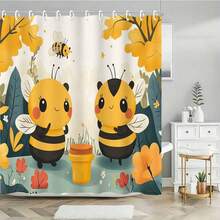 1Pc 71"W X71"L (180 X 180cm) Cute Cartoon Bees With Honey Pot Shower Curtain, Bees, Honey Pot, Flowers, Leaves, Ing Style Bathroom Decor, Polyester Fabric Curtain For Bathroom, Machine Washable, Easy Hang, Suitable For Nature And Animal Lovers, Homes, Hotels, Bringing A Lively Garden Vibe To Bathroom - 金色 - 查看 3