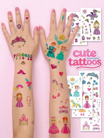6PCS Children's Tattoo Stickers Cute Cartoon Fairy Tale Castle Princess Crown High Heels Pattern Temporary Fake Tattoo Stickers Simple And Convenient For Boys And Girls Daily Parties Festival Gifts Party Play DIY Facial Wrist Body Temporary Tattoo Stickers