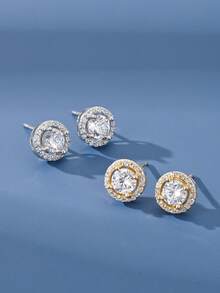 1 对复古 S925 纯银闪亮单颗锆石简约耳钉，高品质女士生日礼物，全新设计 - 圓形-1 - 查看 5