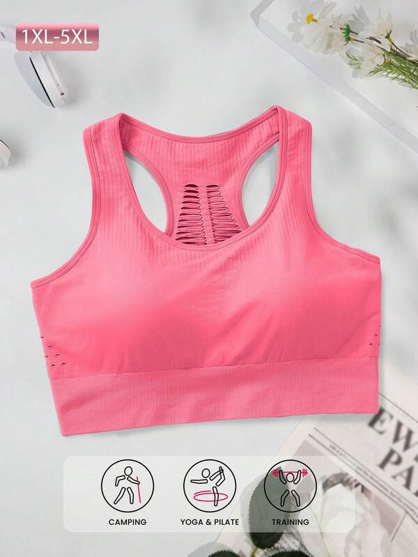 Plus Size Women Seamless Knit Sports Bra With Removable Cups