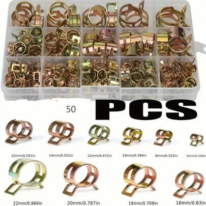 50pcs ProPlus Zinc Plated Spring Hose Clamp Set, Metal Single Ear Clip Style, 6-22mm Universal Hose Connectors For Fuel Line, Water Pipe, Air Hose Fastening