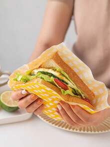 50/100 piezas Bolsas de papel a prueba de grasa con cuadros amarillos, para empaquetar sándwiches, hamburguesas, panqueques, rollos de pollo. Bolsas de papel a prueba de grasa para sándwiches en el hogar. - Multicolor - Ver 6