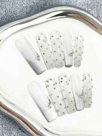 Extra långa 45 mm fyrkantiga naglar, franska handgjorda press-on-naglar med flerfärgade strass, ombre-blandning, handmålade kreativa mönster och 3D-konstdesigner - heltäckande konstgjorda DIY-glitterpress-on-naglar, lösnaglar för fester, dejter, sammankomster, utflykter, arbete och speciella evenemang - 10 st/påse