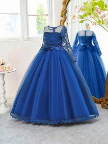Tween Girls Long Sleeve Lace Beaded 3D Floral Mesh Elegant Piano Recital Dress, Suitable For Birthday Party, Ball, Excludes Headband - 寶藍色 - 查看 3