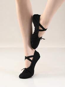 Drawstring Ballet Dance Flats For Women Black Canvas Criss Cross Band Slip-On Ballet Dance Shoes - Black - View 6