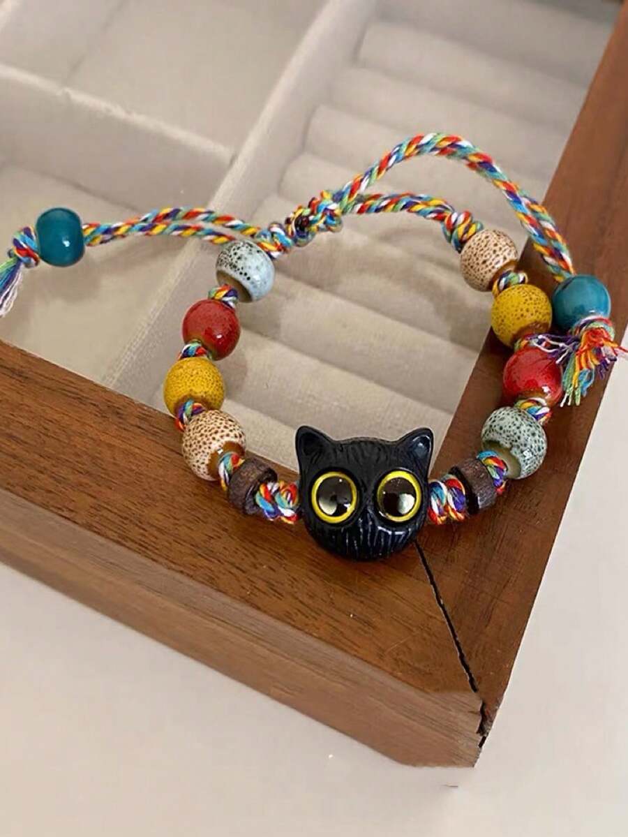 1pc Fashionable Handmade Woven Cute Cat Bracelet, Suitable For Women To Wear On Any Occasion, Great Gift For Loved Ones And Friends