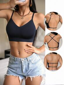 Black Basic T-Shirt Bra, Backless Bra With Removable Pads And Wireless, Comfortable Seamless Bra For Women, Easily Showcase Various Styling Looks - Black - View 2