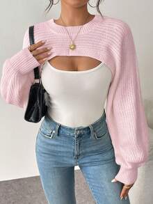 Asymmetric Hem Solid Color Ribbed Knit Pullover Sweater - Baby Pink - View 5