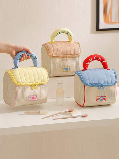 Cute House Shaped Plush Large Capacity Cosmetic Bag, Colorblock, Waterproof Travel Toiletry Organizer, Gift Makeup Bag Make Up Bag Makeup Pouch Toiletry Bag Wash Bag Travel Essential Cruise Essential Vacation Essentials For Men Women Travel Containers Holiday Essential Gifts For Women