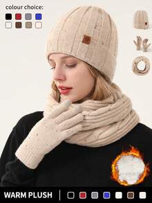 Set de 1-3 piezas de gorro de punto, cuello calentador y guantes con pantalla táctil para mujer en invierno, de doble capa con forro térmico, tela jacquard con estampado, textura de copos de nieve, adecuado para esquiar, viajar, conducir, citas, regalo para mujer, accesorios de invierno para uso diario