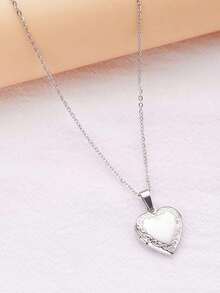 1pc Fashion Stainless Steel Heart Photo Frame Box Pendant Necklace For Women For Daily Decoration Valentines,Mom,Mother,Mother's Day,Gift - Bạc - Xem 1