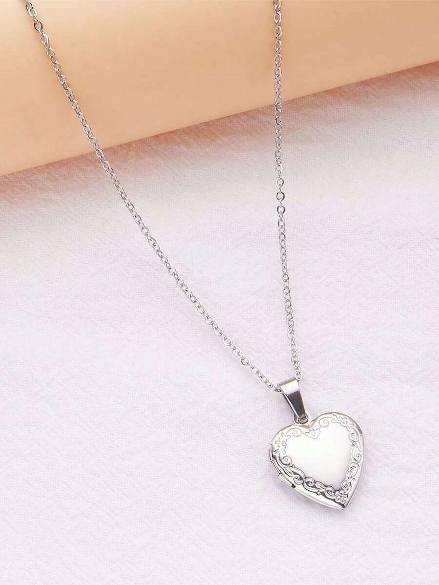 1pc Fashion Stainless Steel Heart Photo Frame Box Pendant Necklace For Women For Daily Decoration Valentines,Mom,Mother,Mother's Day,Gift - Bạc - Xem 1
