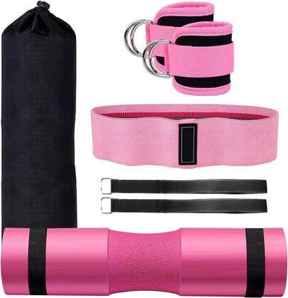 NEWYOUTH Kit Ejercicio 3 en 1, Almohadilla para Barra Gym | | Grilletes para Tobillo de Fitness | | Bandas Elasticas Resistencia, para Ejercicios Gluteos Cadera Piernas Brazos Yoga Pilates Fitness(Rosa)