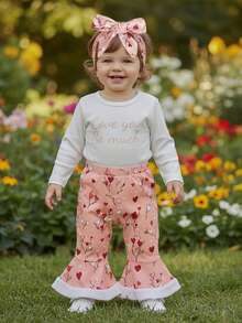 Conjunto de 3 piezas para bebé niña con bonito mono de manga larga con letras dulces, pantalones acampanados con forma de corazón y diadema - Blanco - Ver 2