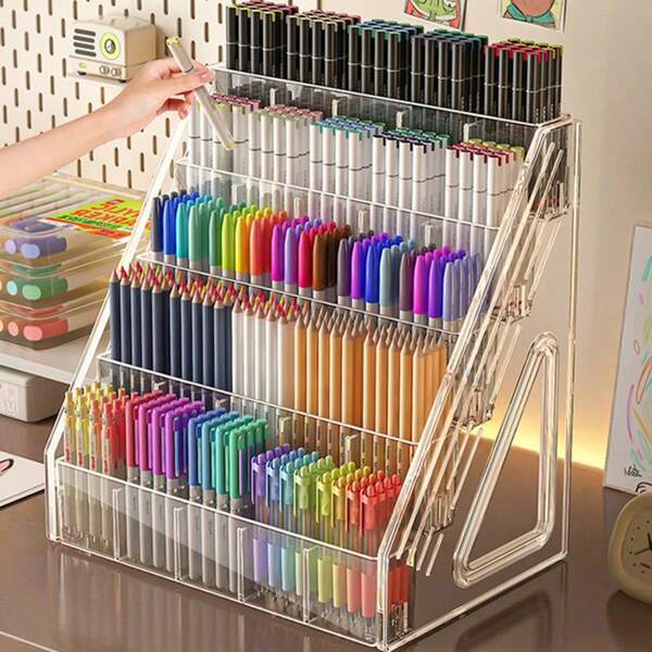 1pc Large Capacity Watercolor Pen Holder, Acrylic Compartment Pen Cup, Desk Organizer For Paintbrushes, Marker Storage Box