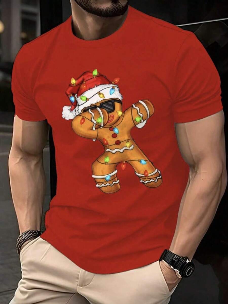 Camiseta 100% algodón con grafico decorativo de Galleta de Jengibre, atuendo casual, versátil para hombres, adecuado para fiestas de Navidad y salidas, para todas las estaciones. - Rojo - Ver 1