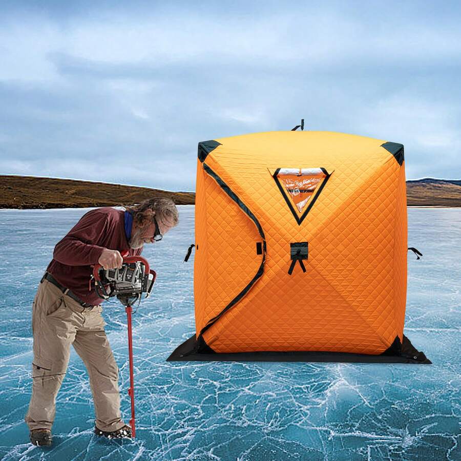 RibasuBB Portable Insulated Ice Fishing Shelter For 1-2 Persons With Carry Bag, 210D Oxford Fiberglass Poles, Three-Layer Cotton Insulation, Roll-Up Windows, Ice Anchors And Reflective Strip - Orange - View 1