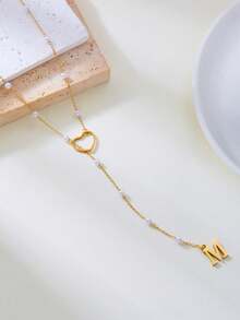 1pc 18k Gold Plated Stainless Steel Letter Heart Necklace, Minimalist 26 English Alphabet Necklace For Women, Mom Gifts (Recommended To Wrap Around The Neck Twice, Otherwise It May Easily Fall Off. The Number Of Beads On The Chain Is Randomly Based On The Length) - Yellow Gold - View 3