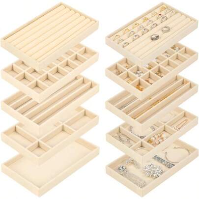 Stackable Jewelry Storage Boxes With Adjustable Dividers And Soft Velvety Lining - Oval Grid Organizer With Multiple Compartments For Necklaces, Bracelets, Rings, Earrings, Watches - Compact Drawer And Display Tray For Home, Travel, Retail - Durable Home Jewelry Solution, Jewelry Box Organizer, Small Jewelry Tray, Large Jewelry Tray Organizer, Jewelry Box, Jewelry Organizer Tray, Jewelry Tray Organizer, Jewelry Tray
