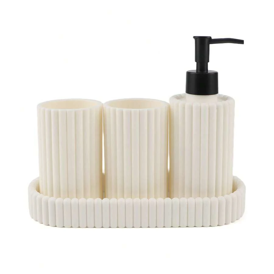 Dispensador Jabón Líquido Set, 1*300ml Dispensador + 2 Vaso para Cepillo de Dientes + Plato, Material de Plástico con Bomba Negra, Ideal para Cocina, Baño, Shampoo, Lotion, Blanco - Blanco - Ver 1