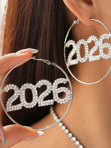1 Pair Fashionable Classic Simple Rhinestone 2026 Geometric Round Pendant Earrings, Versatile Gift For New Year Party