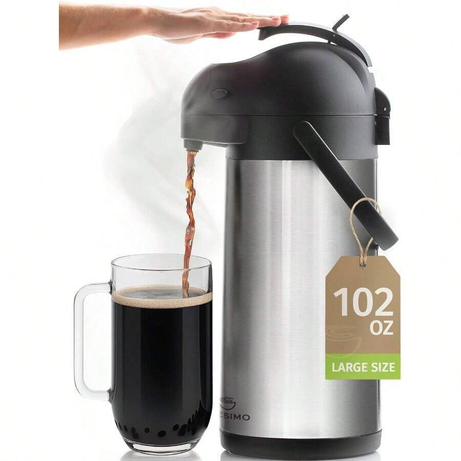 Coffee Carafe With Pump - 102oz 3L Airpot 12 Hours Large Hot Carafe, Cocoa Dispenser Parties - Tea Flask, Insulated Stainless Steel Airpots Hot Beverage Dispenser - Coffee Pump - 銀 + 102 盎司 - 查看 1