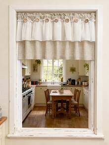 1pc Farmhouse Style Double Layer Cafe Curtain Valance - Brown Lattice Pattern, White Sheer Lace Trim, Retro Button Decor, All Seasons, Linen Fabric, Princess Style Short Curtain Tier For Living Room Kitchen Bathroom Window Decor - Red and White - View 2