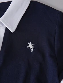 Playera camiseta blusa tipo polo dama mujer manga corta cuello contraste puños casual moderna juvenil cómoda fresca ligera gráfico pecho diario colegio día estampado caballo jinete - Azul Marino - Ver 3